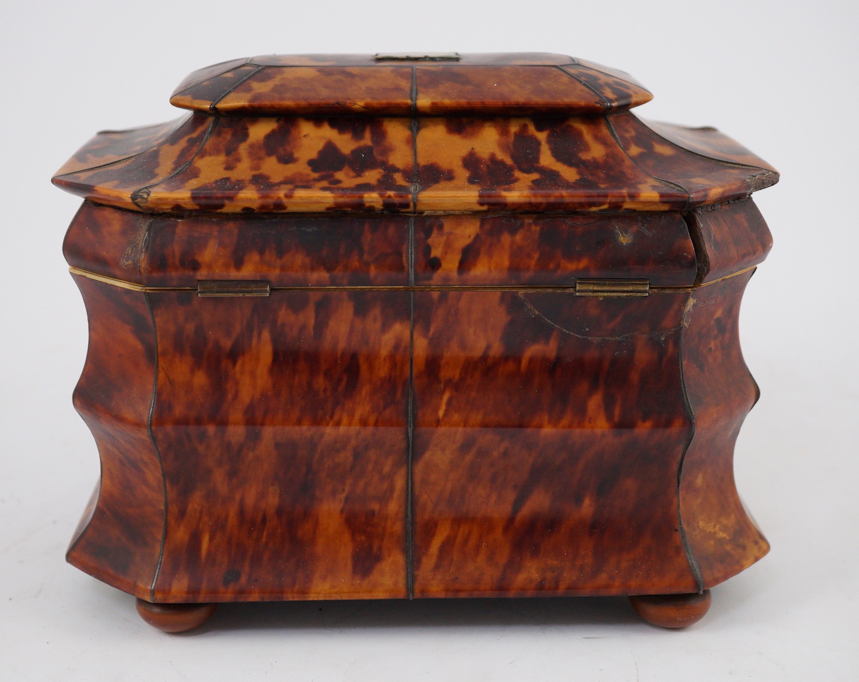 A Regency blond tortoiseshell sarcophagus shaped tea caddy, 18.5cm wide 11.5cm deep 14.5cm high